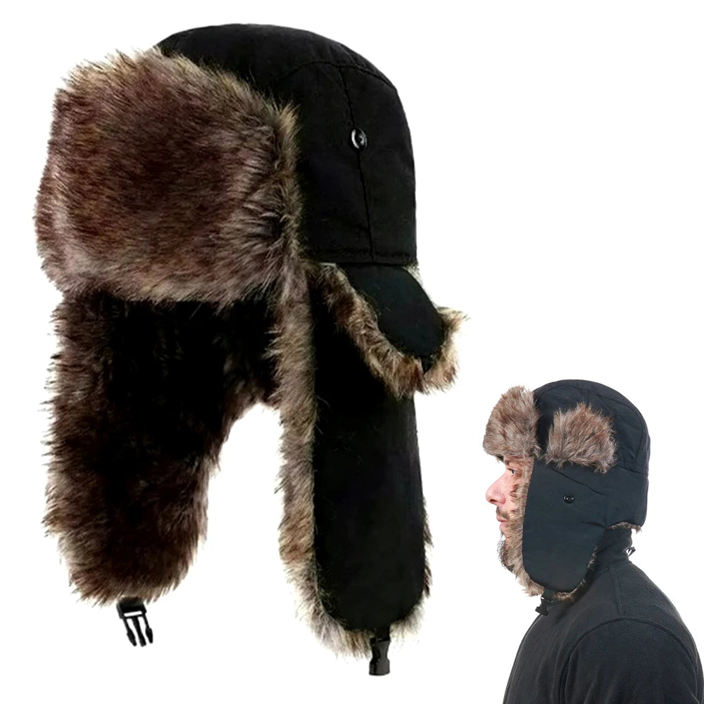 Unisex Fur-Lined Winter Hat with Ear Flaps, Adjustable Ski Snowboard Warm Outdoor Hat for Adults | Sansoti