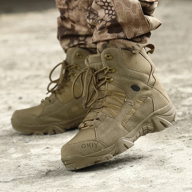 High-Top Men's Hiking Shoes Waterproof Canvas Outdoor Boots Platform Sole Split Leather Climbing Shoes Outdoor | Sansoti