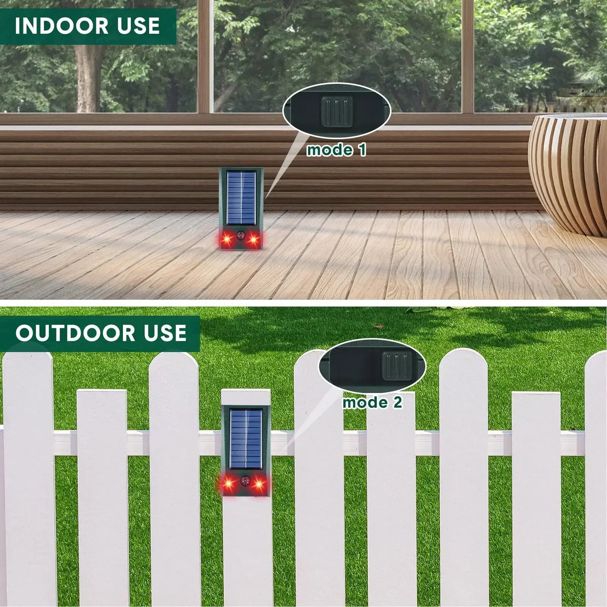 Solar-Powered Ultrasonic Bird Repellent with LED Flash Light and Motion Sensor, 600m² Range, Waterproof | Sansoti