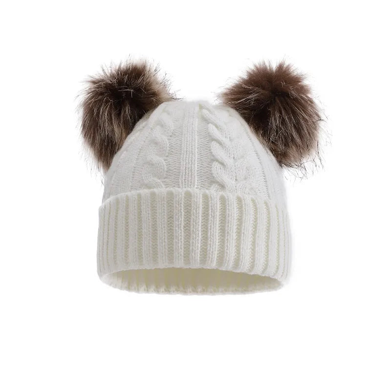 Gebreide Wintermuts met Dubbele Pompons voor Dames Warm Outdoor Accessoire Rekbaar Effen Kleur Casual | Sansoti