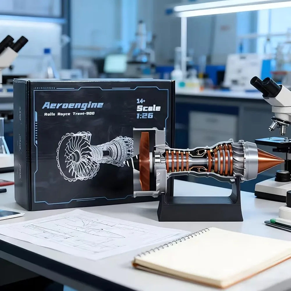 Detailed turbofan jet engine model 3D-printed on a black stand, aviation gift display for the office | Sansoti