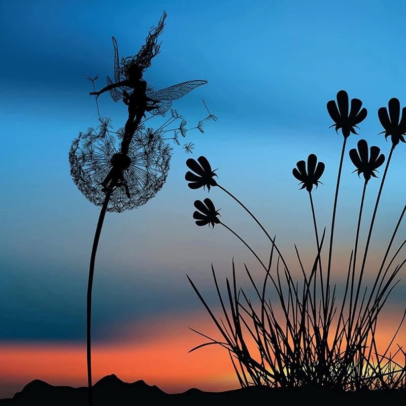Metalen Tuinornament Fee met Paardenbloem 75cm Zwart Silhouet Gazon Decoratie Tuinsteker Miniatuur Tuin | Sansoti
