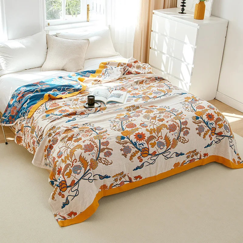 Baumwoll-Sommerdecke, garngefärbt, mit Blumenmuster, für Doppelbett, Landhausstil, leicht und atmungsaktiv | Sansoti