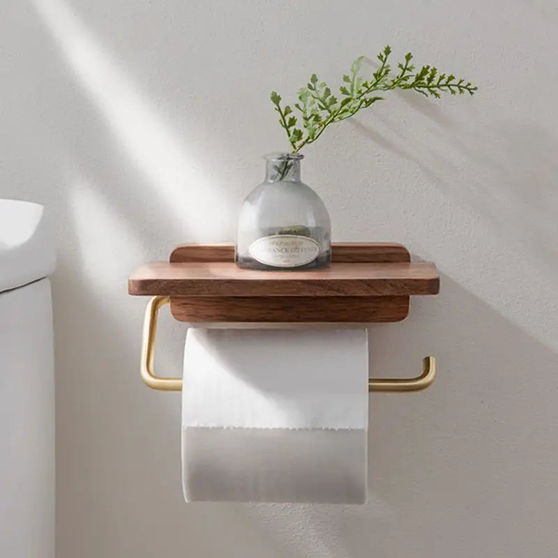 Toiletrolhouder Hout Walnoot Wandmontage Bruin Met Plank Badkamer Toilet Papierhouder Wandrek Minimalistisch Interieur | Sansoti