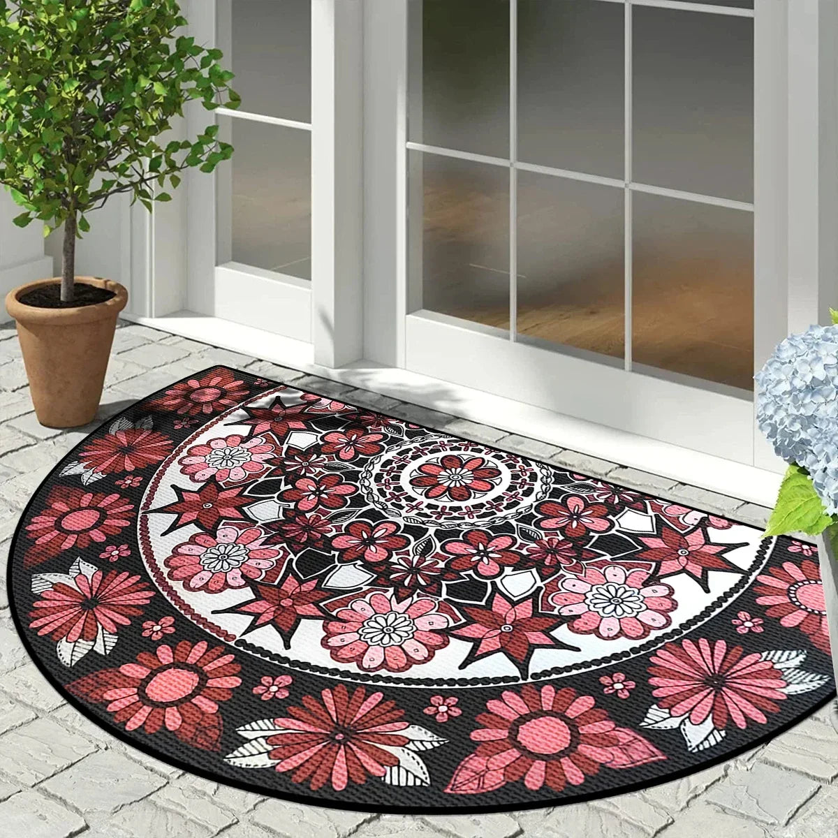 Paillasson semi-circulaire Motif mosaïque vintage Antidérapant extérieur Balcon Entrée Véranda Terrasse 60x90cm Résistant aux intempéries | Sansoti