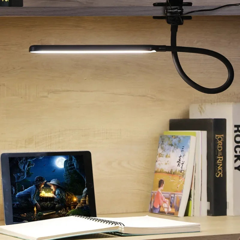 LED-Klemmlampe mit verstellbarem Arm, 3 Lichtstufen, 10 Dimmstufen, USB-Schreibtischlampe, Leselampe, flexible Arbeitsplatzbeleuchtung | Sansoti