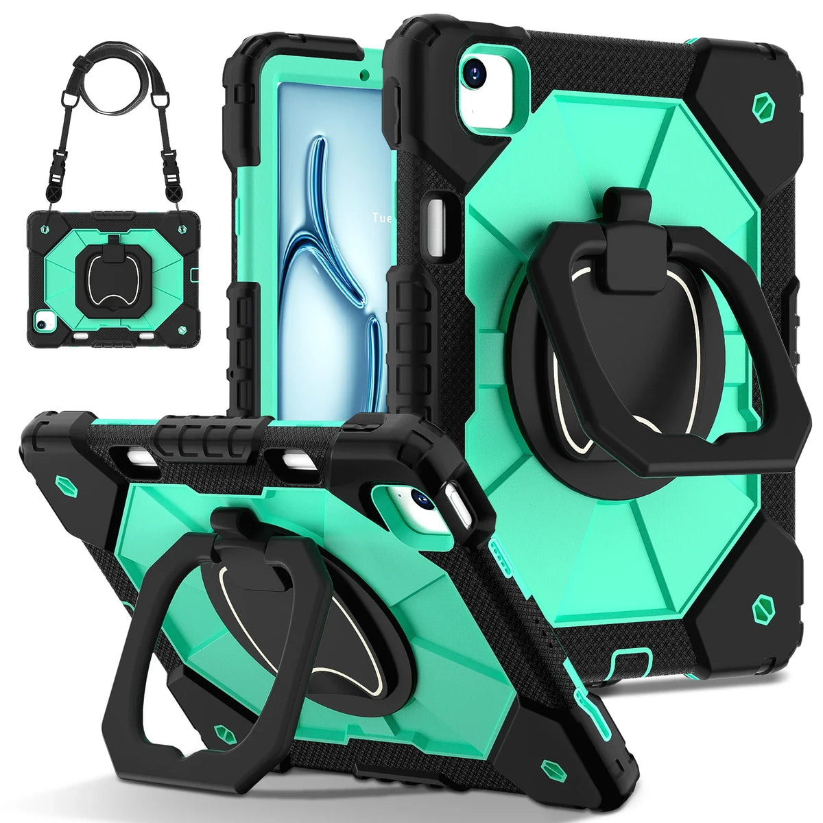 Rugged iPad Case with Ring Grip Three-Layer Protection Kickstand Shoulder Strap Screen Protector Black Orange | Sansoti