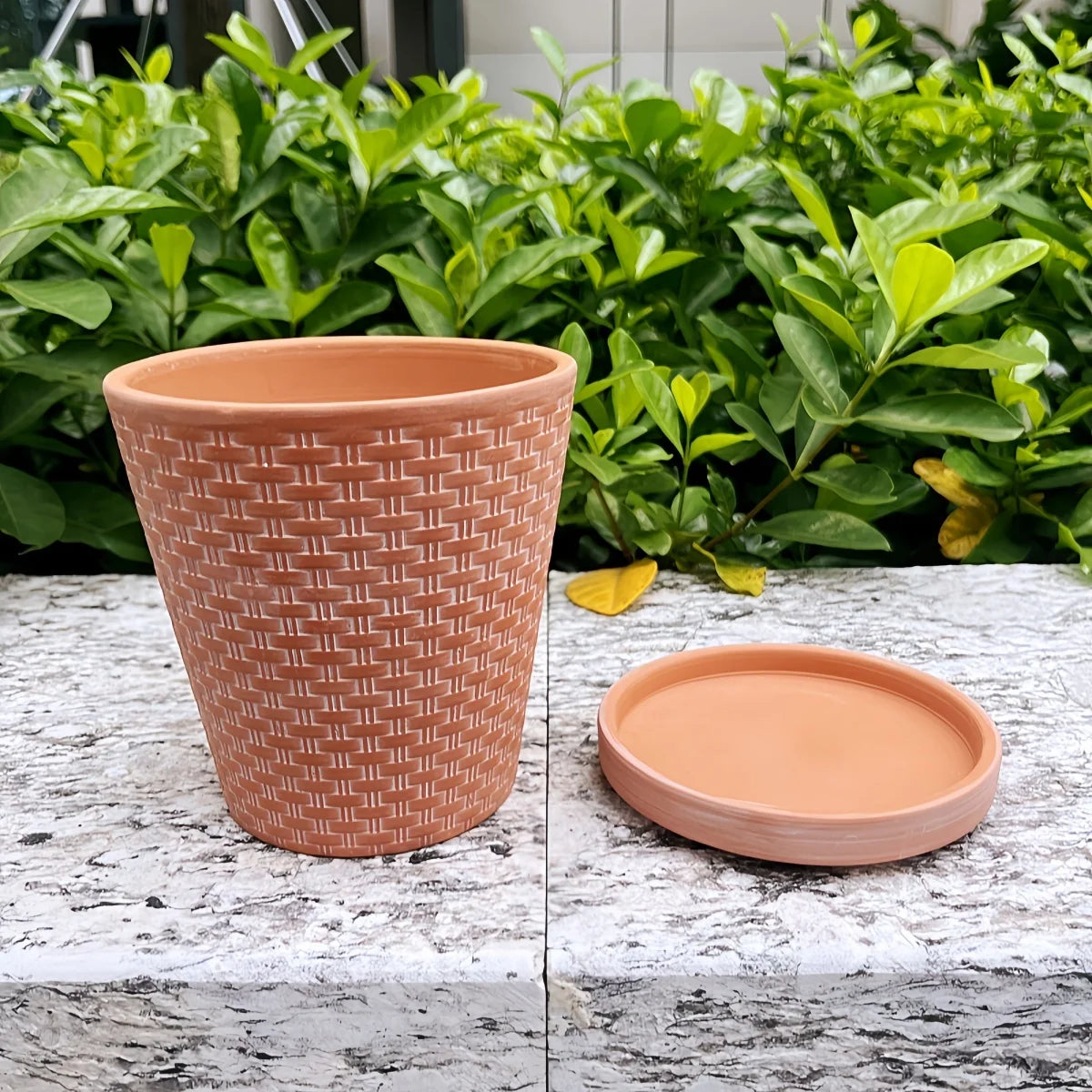 Set aus Keramik-Pflanzentöpfen, 13 cm, mit Untersetzer - 2 Stück, Terrakotta, mit Drainageloch für Kräuter im Innenbereich | Sansoti