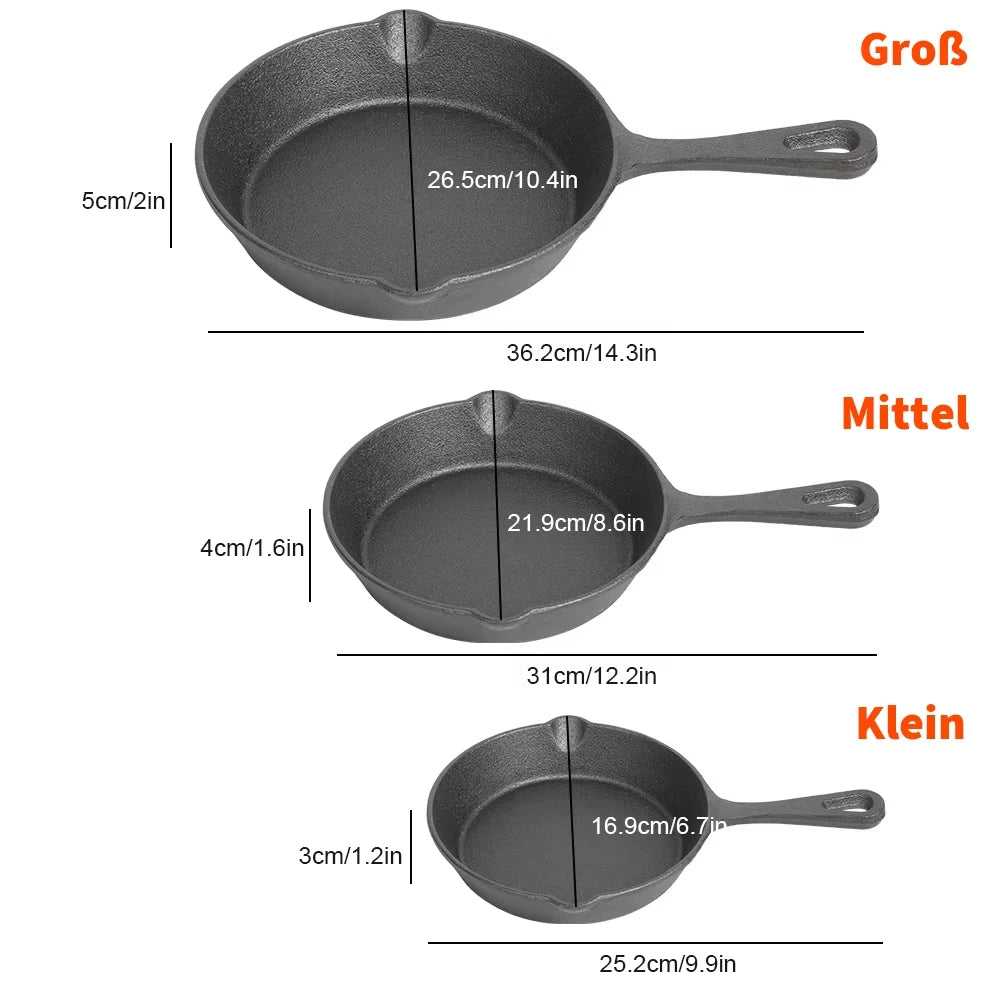 Gietijzeren Koekenpannenset 3-delig 16-20-26cm Inductie Gasfornuis Ongecoat Braadpan Omeletpan Roerbakpan Zwart | Sansoti