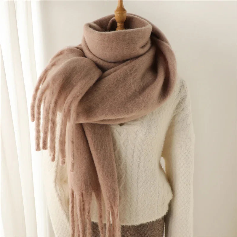 Warm Women's Winter Scarf 240x38cm Thick Wool-Look Shawl with Fringes Soft Knitted Scarf for Cold Weather | Sansoti