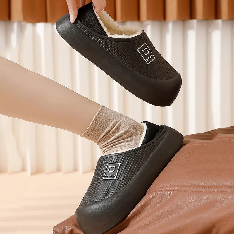 Waterdichte pantoffels met dikke zool pluche voering antislip voor binnen buiten zwart paars unisex comfort | Sansoti