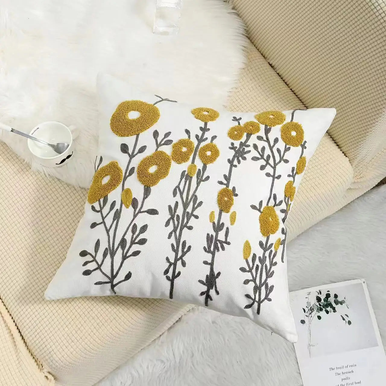 Kussenhoes 45x45cm Katoen Canvas Geborduurd Bloemen Wit Sierkussenhoes Bank Slaapkamer Landelijke Stijl Decoratief | Sansoti