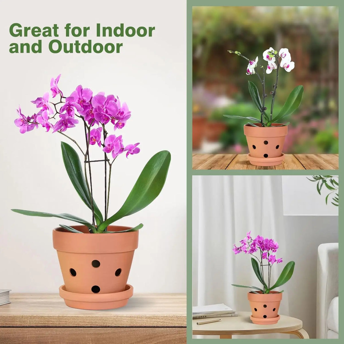 Terracotta Orchideentöpfe, 6er-Set, 10 cm, mit Drainagelöchern, Untersetzern, Tontöpfe für den Innenbereich | Sansoti