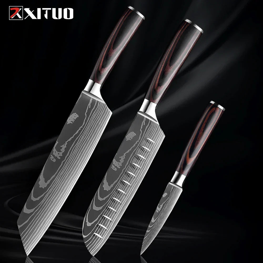 Professionelles Messerset aus Edelstahl, Kochmesser, Santokumesser, Gemüsemesser mit Holzgriff, Küchenutensilien, 1-9-teiliges Küchenmesserset | Sansoti