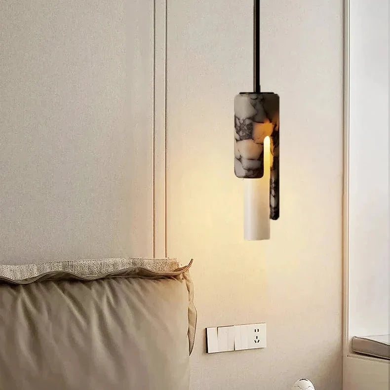 Hanglamp Cilinder Marmer Glas Warm Licht Eetkamer Woonkamer Slaapkamer Foyer Design Natuursteen 30cm | Sansoti