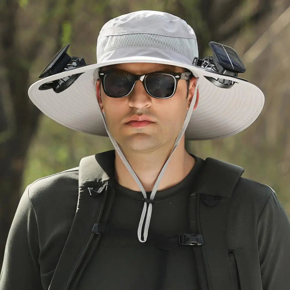 Sonnenhut mit Solarpanel und Ventilator, breite Krempe, UPF 50 UV-Schutz zum Wandern, Angeln, für den Garten und Camping im Freien | Sansoti