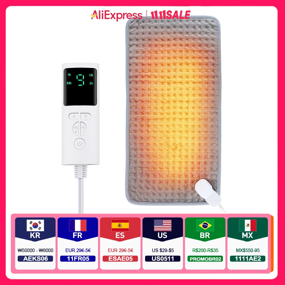 Electric Heating Pad 60x30 cm Gray Microplush Adjustable Heat 10 Settings Soft Portable | Sansoti