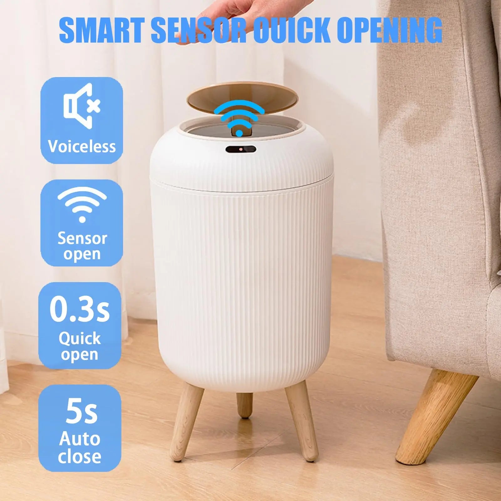 Prullenbak Sensor Automatisch 10L Wit Groen Zwart Houten Poten Woonkamer Badkamer 0,3s Infrarood Deksel Slimme Vuilnisbak Keuken | Sansoti
