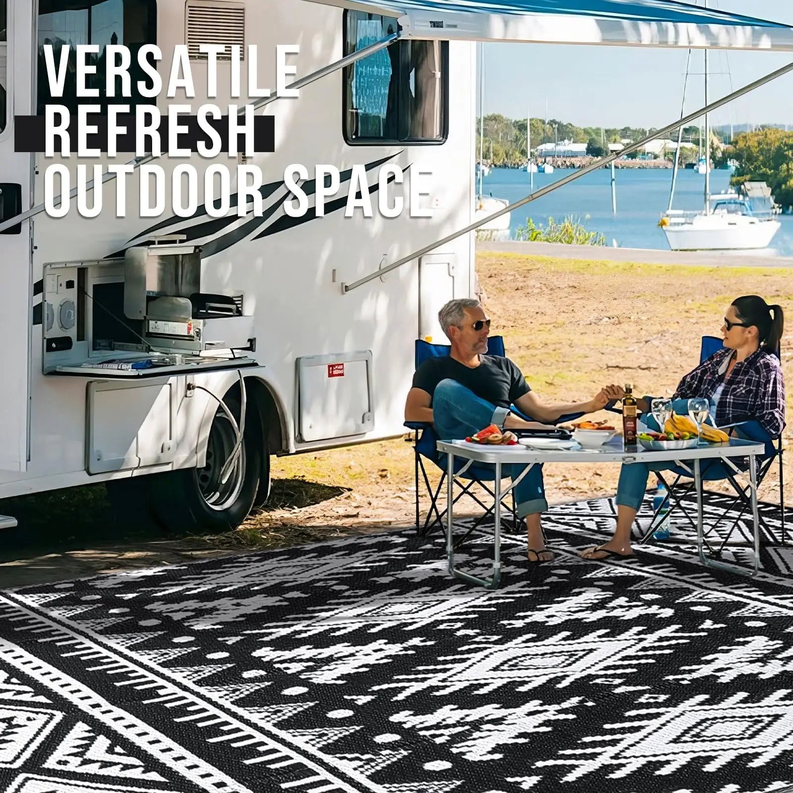 Buitenkleed Gevlochten Plastic Zwart Wit Bohemian Omkeerbaar Terrakleed Campingmat Tuinkleed | Sansoti