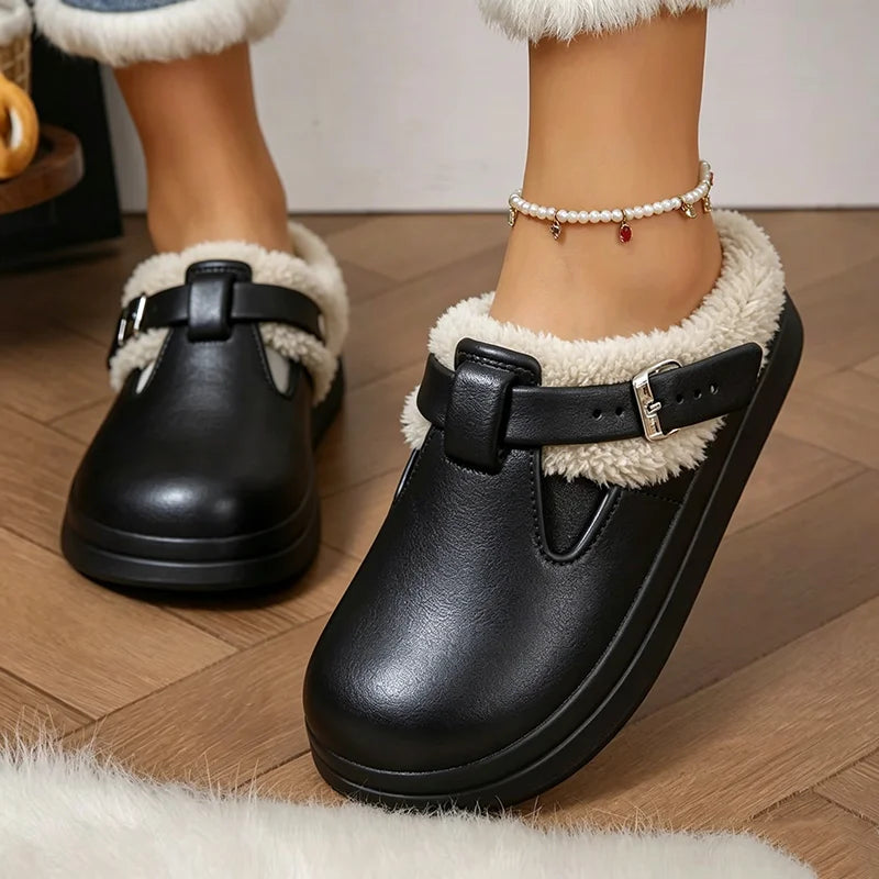 Warme Pantoffels met Pluche Voering Dames Winterslippers Indoor EVA Antislip Zool Metalen Gesp Comfort | Sansoti