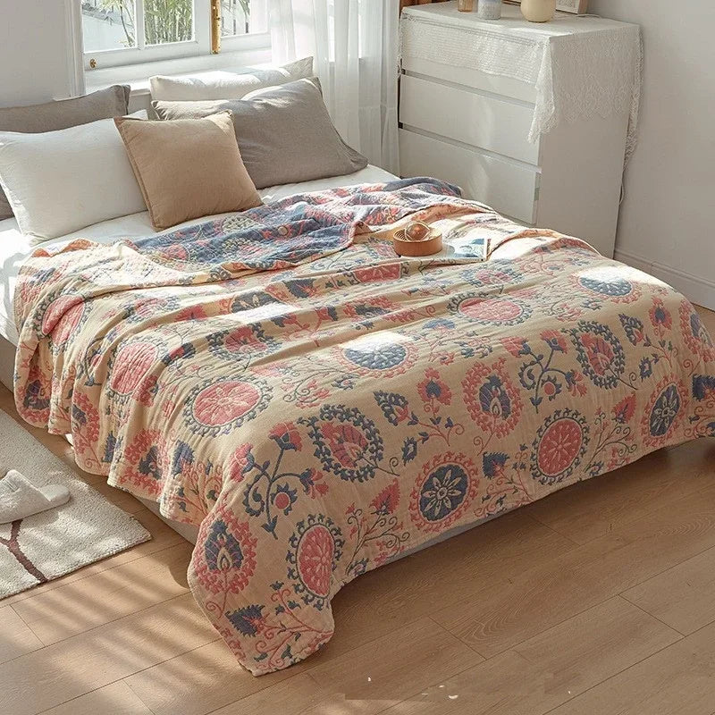 Plaid en mousseline de coton respirant, couverture jacquard pour lit et canapé 150x200 200x230 à motif floral, salon | Sansoti