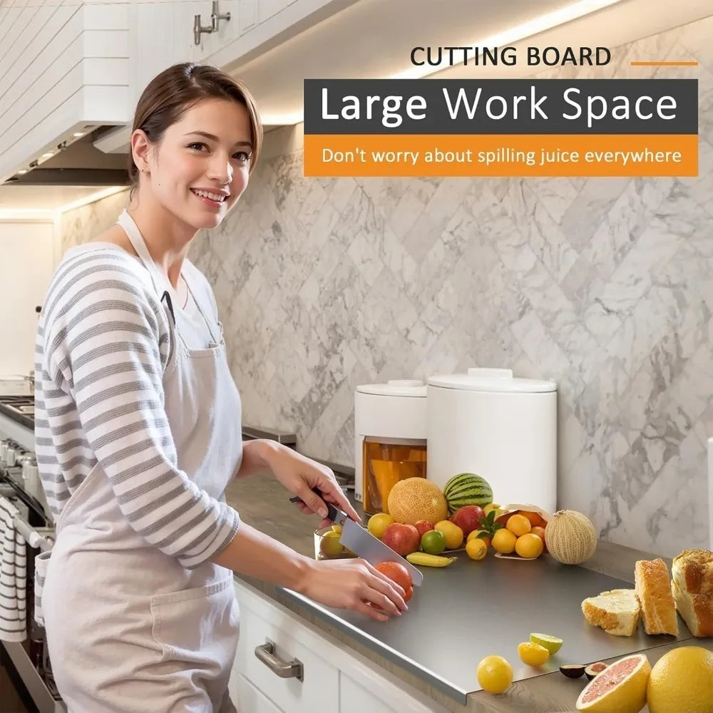 Planche à découper en acier inoxydable avec bord antidérapant, acier 304 antibactérien et hygiénique pour légumes, viande, poisson et pâtisseries, cuisine | Sansoti
