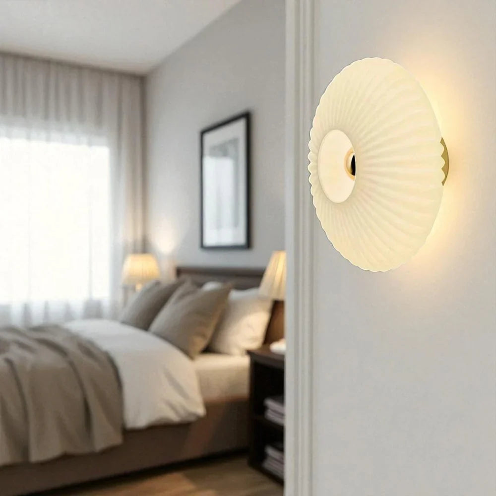 Ronde Glazen Wandlamp Geribbeld Schelp Design Goud Amber Woonkamer | Sansoti