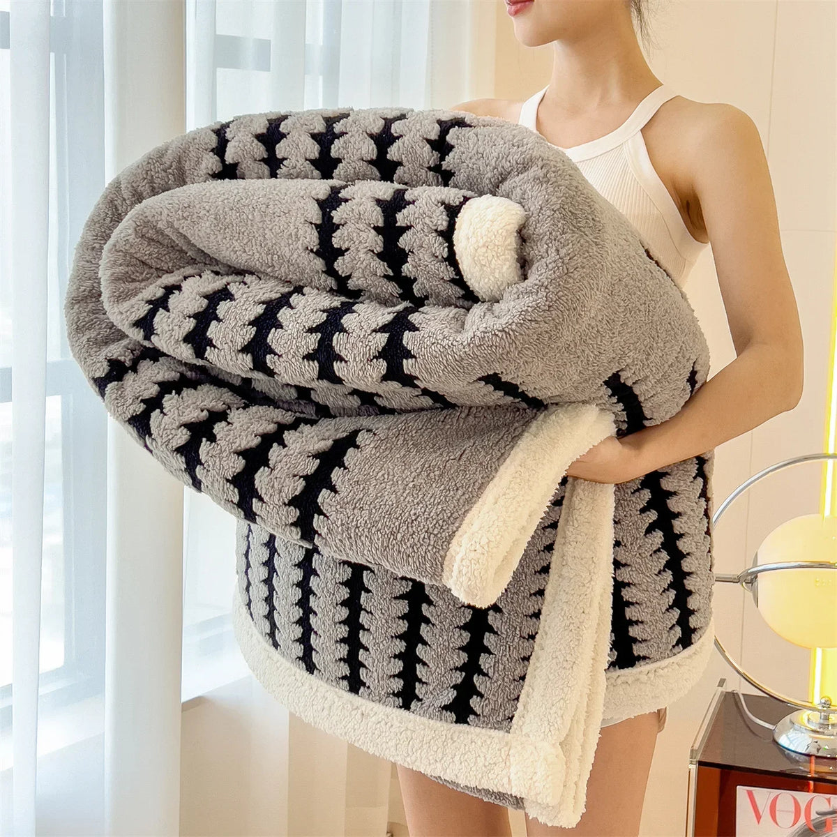 Dubbelzijdige Winterdeken Fleece Imitatiebont Geometrisch Patroon Warmtedeken Bed Bank Plaid Woonkamer | Sansoti