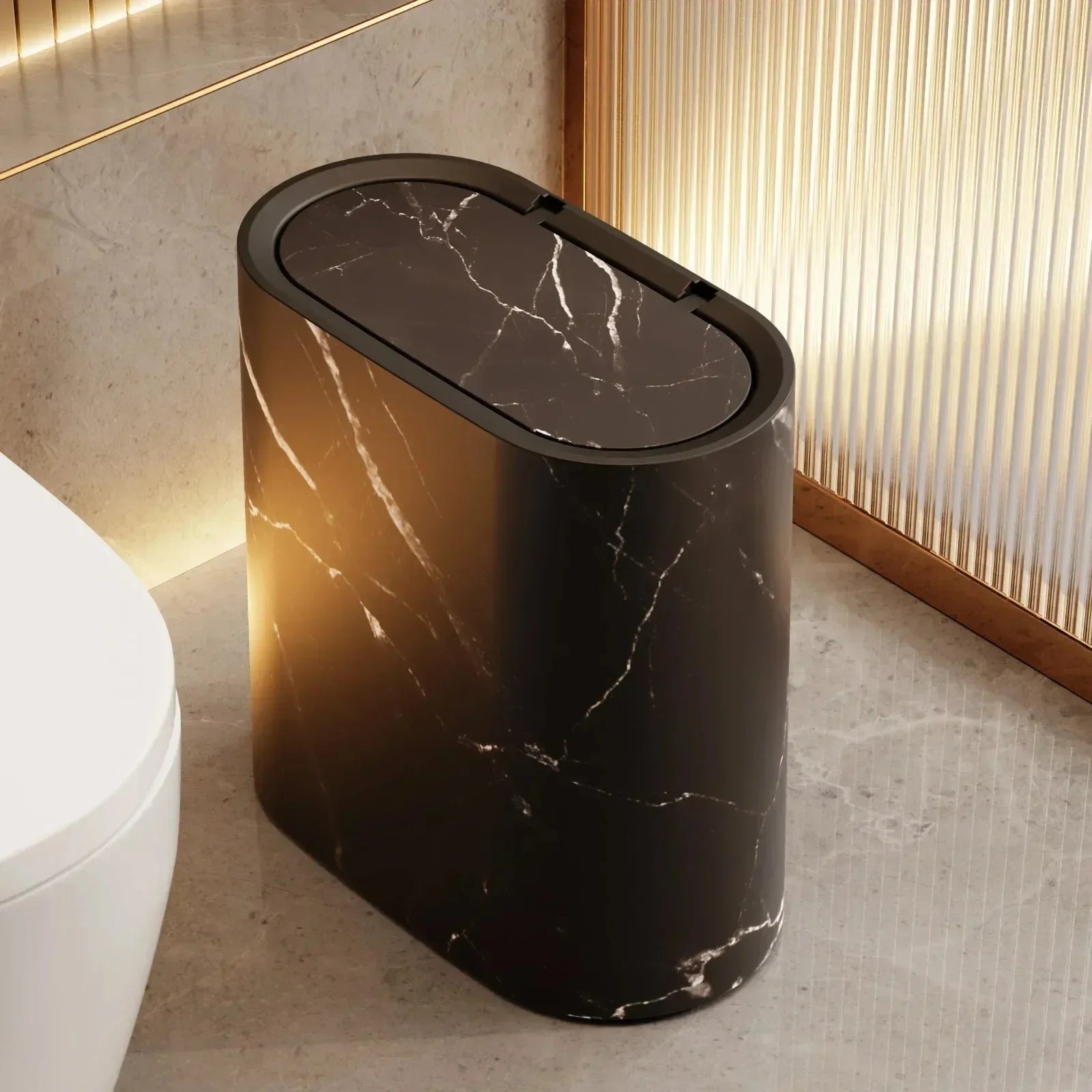 Afvalbak Marmerdesign Ellips Push Deksel Badkamer WC Kantoor Nordic Scandinavisch Compact Hygiënisch | Sansoti