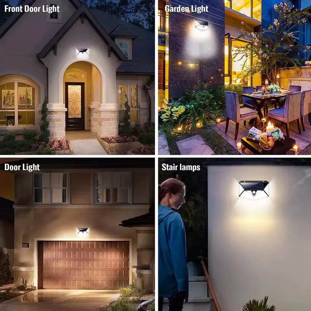 Applique murale extérieure à énergie solaire, 100 LED, détecteur de mouvement, étanche IP65, noire, éclairage de sécurité pour jardin | Sansoti