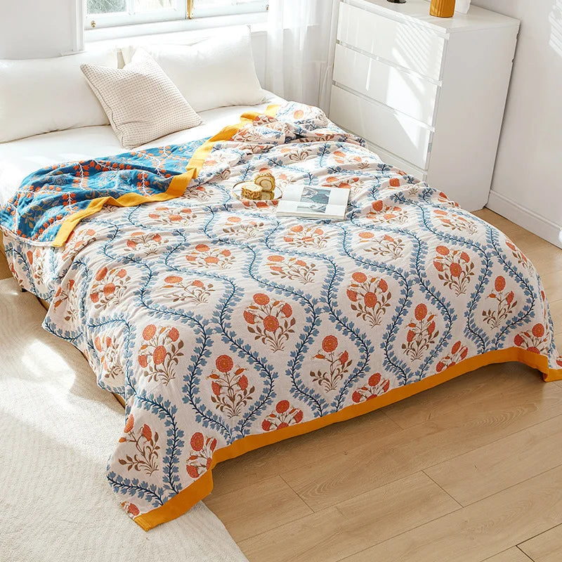 Baumwoll-Sommerdecke, garngefärbt, mit Blumenmuster, für Doppelbett, Landhausstil, leicht und atmungsaktiv | Sansoti