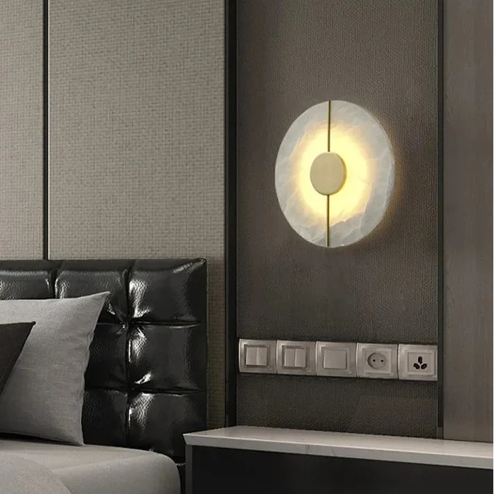 Ronde Wandlamp Natuursteen LED Warm Diffuus Licht Hal Slaapkamer Woonkamer Modern Design Koper Sfeervol | Sansoti