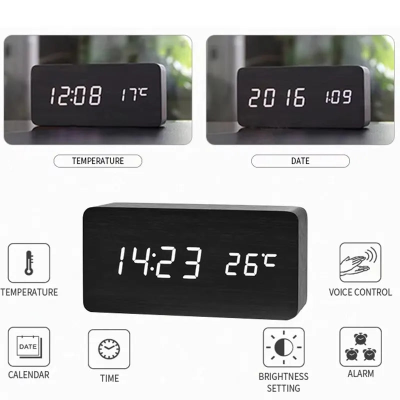 Réveil Digital Aspect Bois LED Bambou Noir Marron Température USB Chambre Bureau 3 Alarmes Luminosité Réglable 12/24h Horloge de Table | Restfield