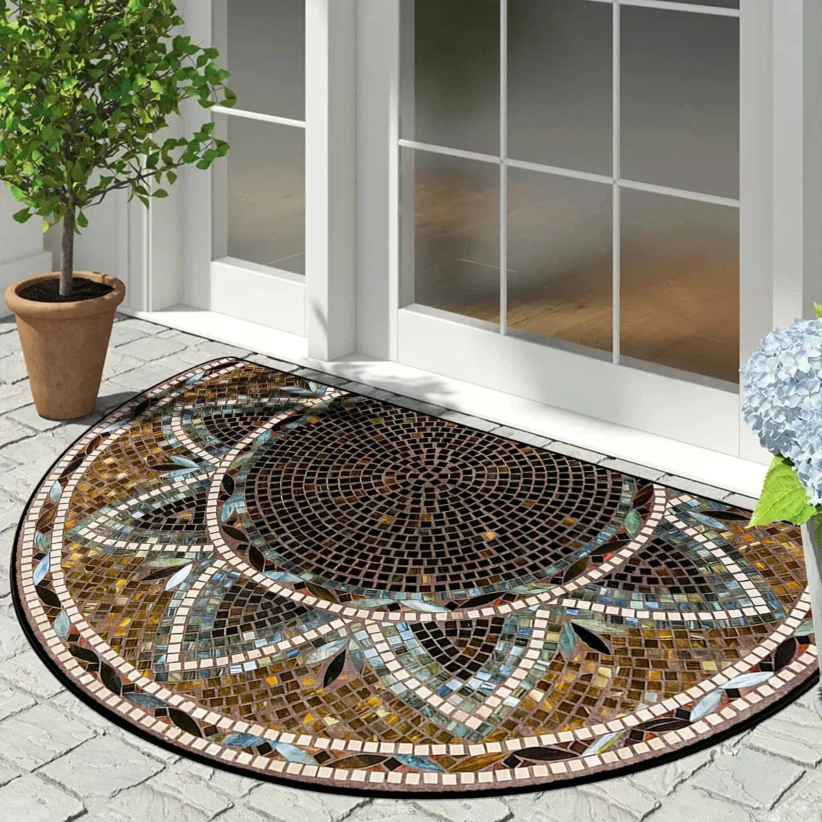 Paillasson semi-circulaire Motif mosaïque vintage Antidérapant extérieur Balcon Entrée Véranda Terrasse 60x90cm Résistant aux intempéries | Sansoti