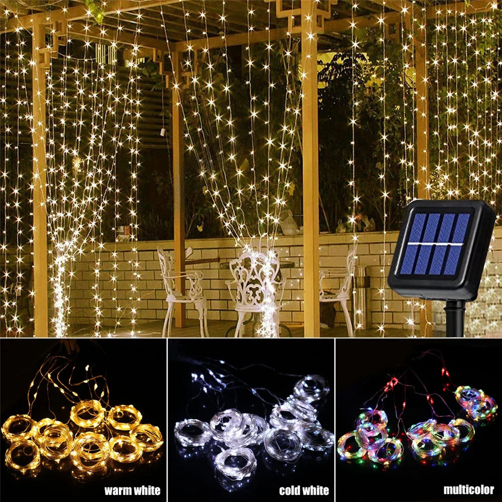 Guirlande lumineuse solaire en rideau, 300 LED, résistante à l’eau, blanc chaud ou multicolore, décoration de jardin et éclairage de fête | Sansoti