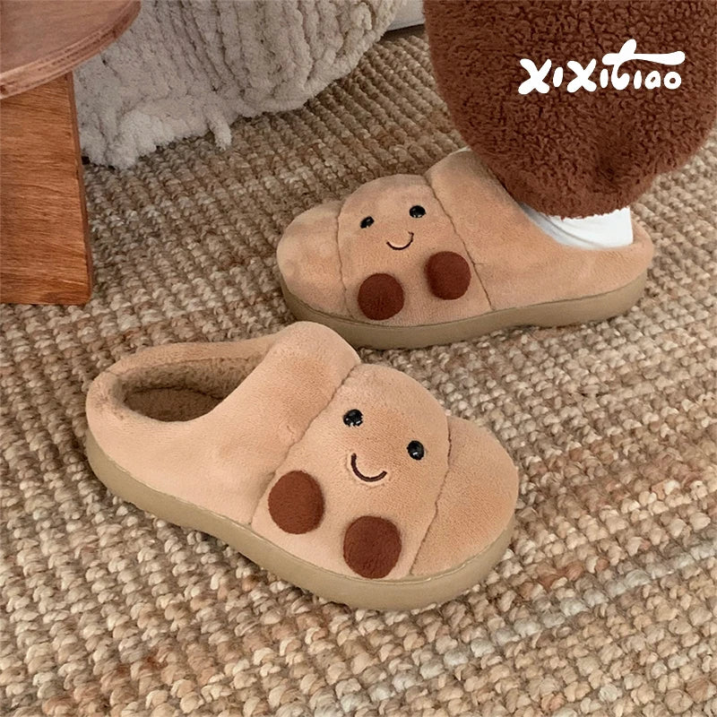 Croissant Plush House Slippers Unisex Non-Slip Warm Winter Shoes Indoor Soft Comfort Slippers | Sansoti
