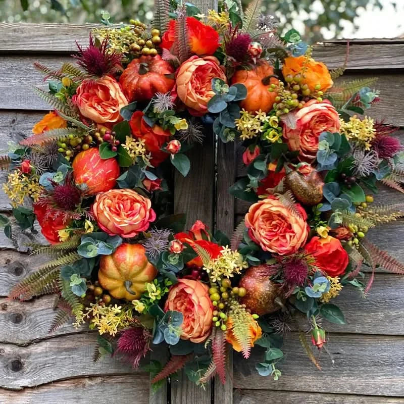 Herfstkrans Pompoen 40cm Rotan Sfeer Decoratie Deurkrans Herfst Thanksgiving Oranje Bruin Groen Seizoen | Sansoti
