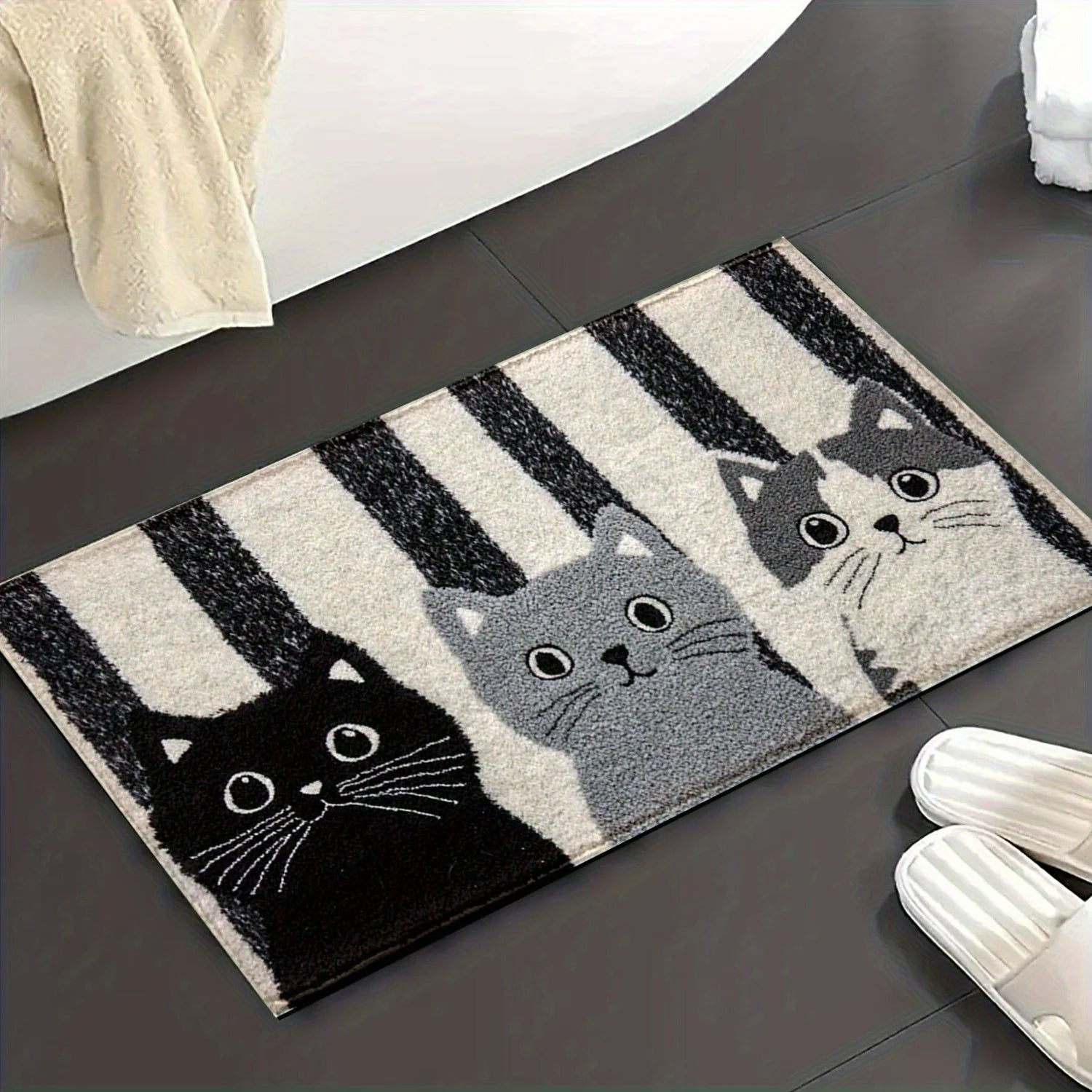 Fußmatte Cartoon Katzen PVC Schwarz Weiß Gestreift 60x90cm Rutschfest Wasserdicht Fußabtreter Schlafzimmer Wohnzimmer Flur Außentürmatte | Restfield