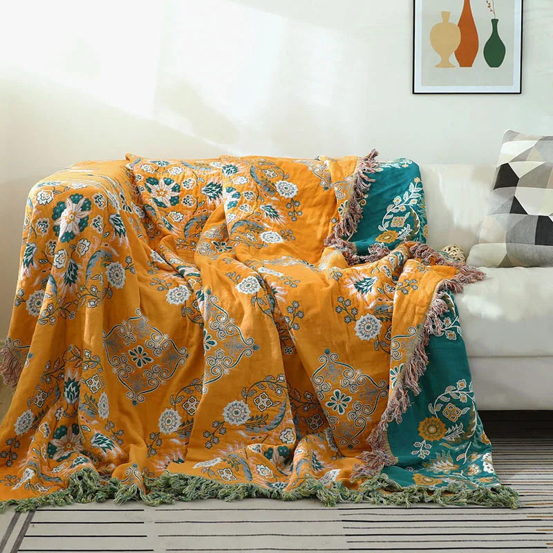 Bawełniany koc z boho wzorem - beżowy koc 130x150cm na sofę, łóżko, do dekoracji salonu i zapewnienia ciepła | Sansoti