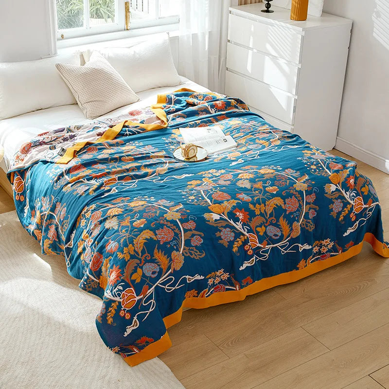 Baumwoll-Sommerdecke, garngefärbt, mit Blumenmuster, für Doppelbett, Landhausstil, leicht und atmungsaktiv | Sansoti