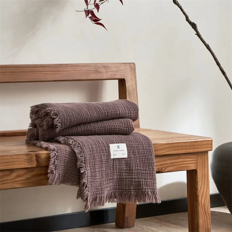 Plaid en mousseline à pompons en pur coton, tissé en six couches, pour canapé et lit, climatisation, salon et chambre, élégant | Sansoti