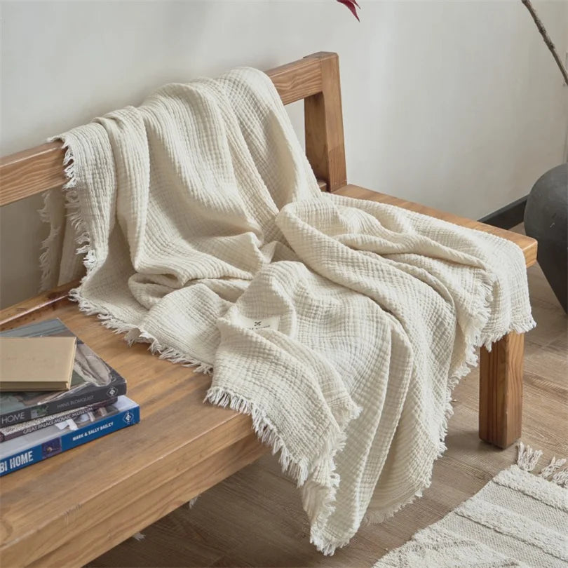 Cotton Throw 6 Layers Soft Breathable Fringed Knitted Blanket Bed Sofa Lightweight Summer Throw Mussel Beige Knitted Bedspread | Sansoti