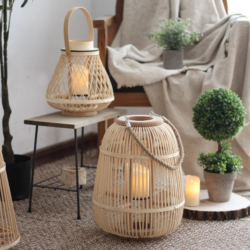 Rotan Lantaarn met Vlamloze Kaars Tuindecoratie LED Verlichting Tuin Balkon Terras Windlicht | Sansoti