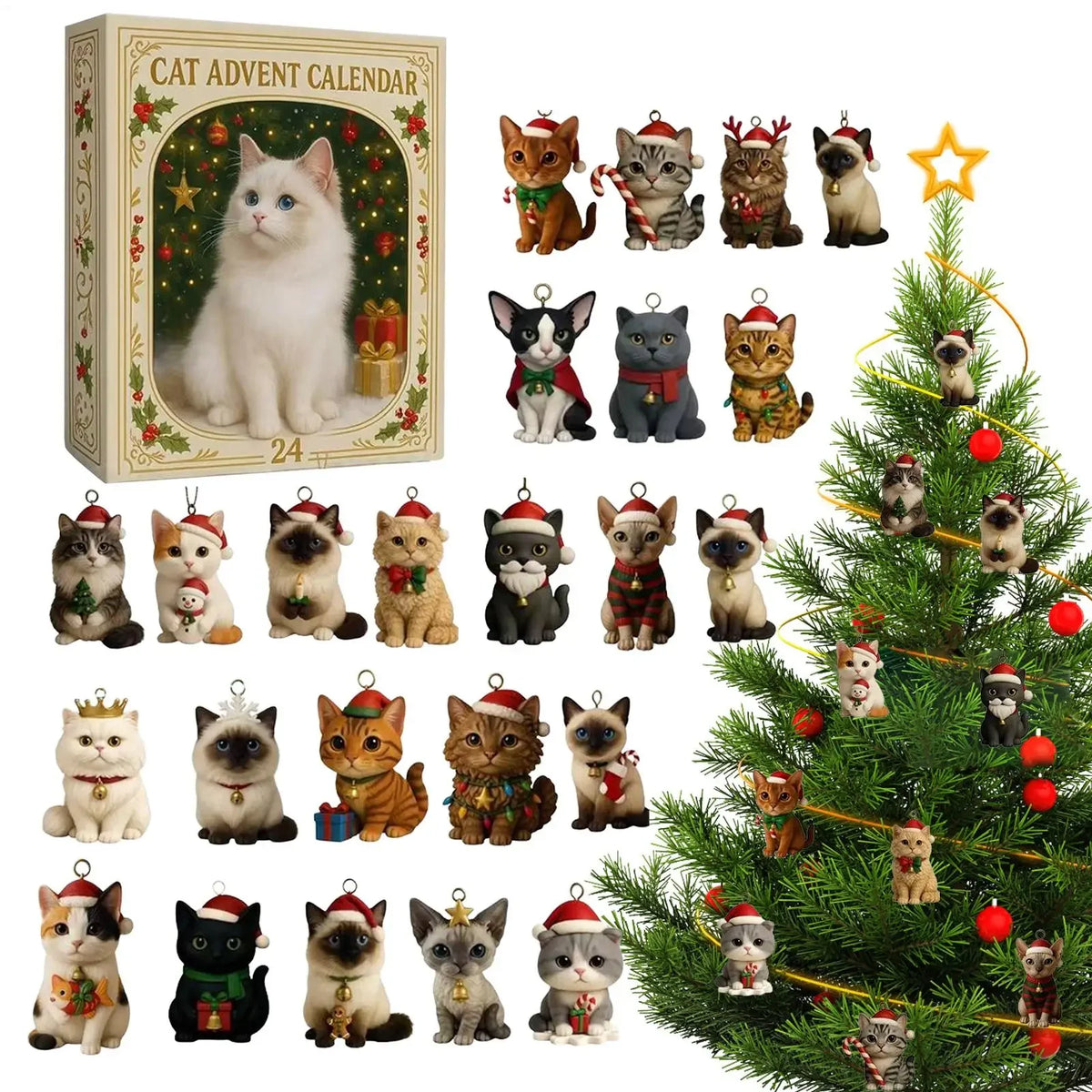 Christmas Advent Calendar with 24 Kitten Ornaments, Acrylic Christmas Tree Decorations, Hanging Decoration | Sansoti