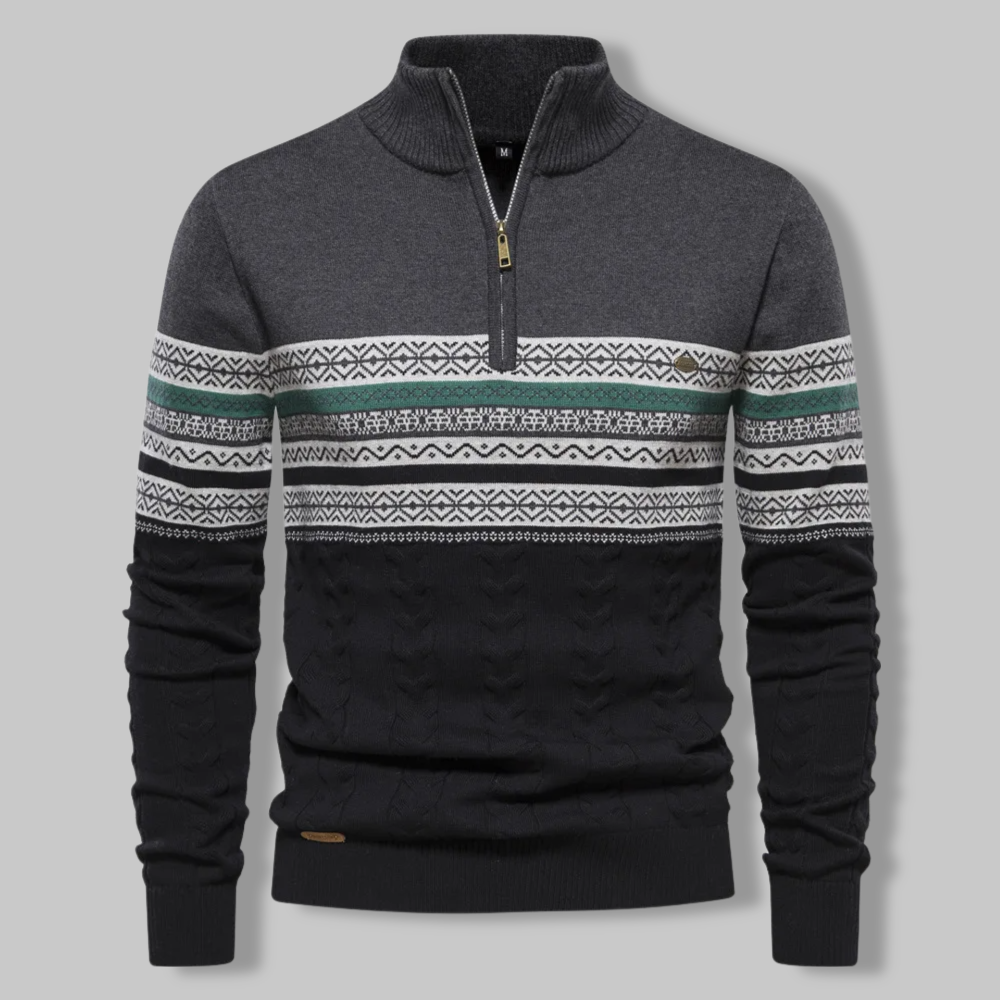 Herren-Zopfpullover mit Viertelreißverschluss, Alpenweiß, Dunkelblau, Bordeauxrot, Fair-Isle-Strickmuster, Wolle, warm, Winterkomfort | Sansoti