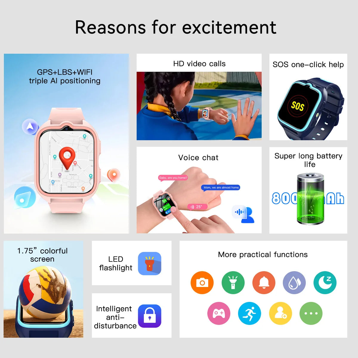Children's smartwatch with GPS tracking, video calls, 4G, three-way positioning, flashlight, and water resistance | Sansoti