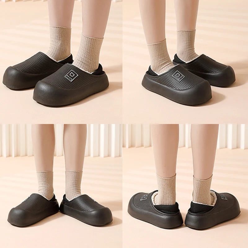 Waterdichte pantoffels met dikke zool pluche voering antislip voor binnen buiten zwart paars unisex comfort | Sansoti