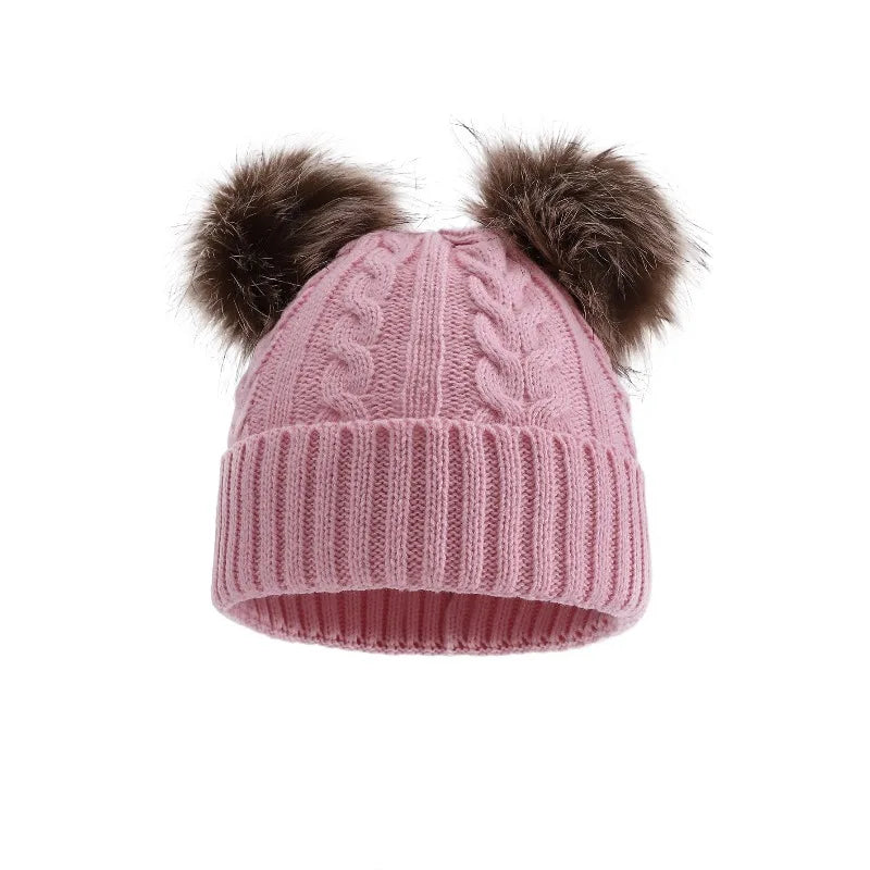 Gebreide Wintermuts met Dubbele Pompons voor Dames Warm Outdoor Accessoire Rekbaar Effen Kleur Casual | Sansoti