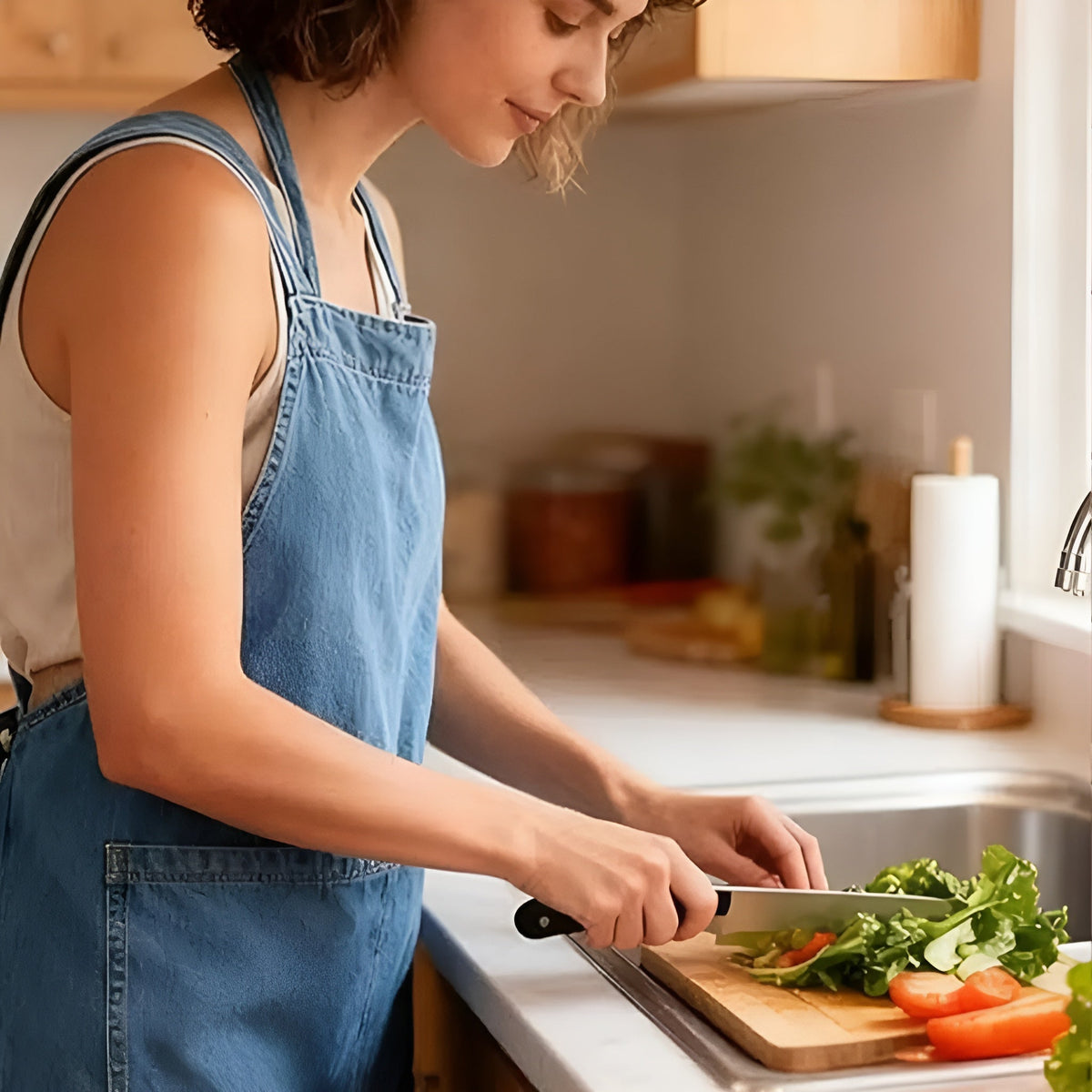 Polyester Kitchen Apron Crossback Denim Style Blue Hearts Stripe Front Pockets Cooking Baking Unisex Apron | Sansoti