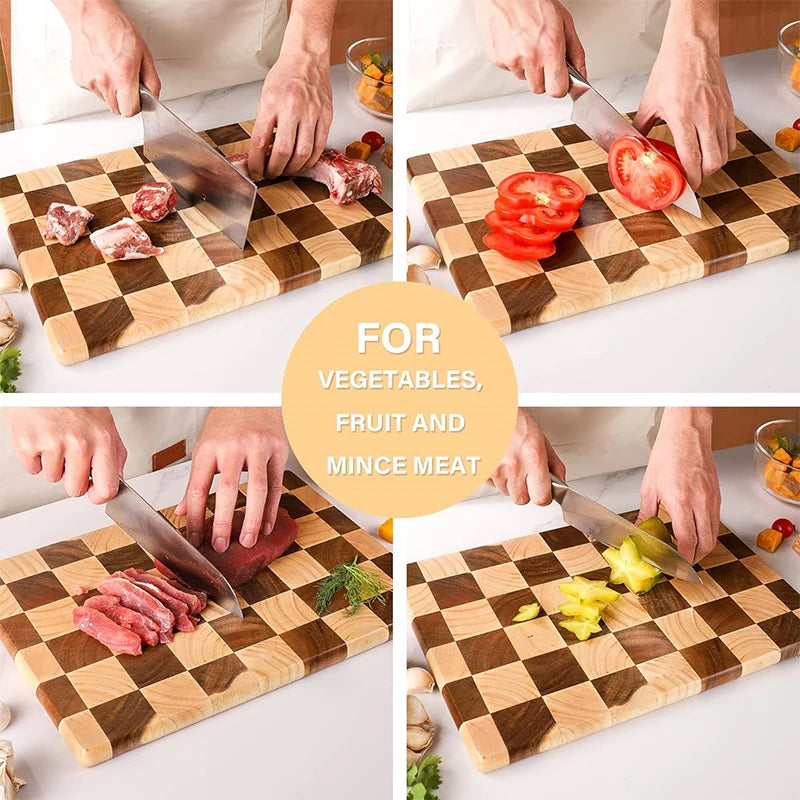 Planche à découper en bois de caoutchouc à fibres verticales, rectangulaire et réversible, plateau de service pour la cuisine, les amuse-bouches et le pain | Sansoti